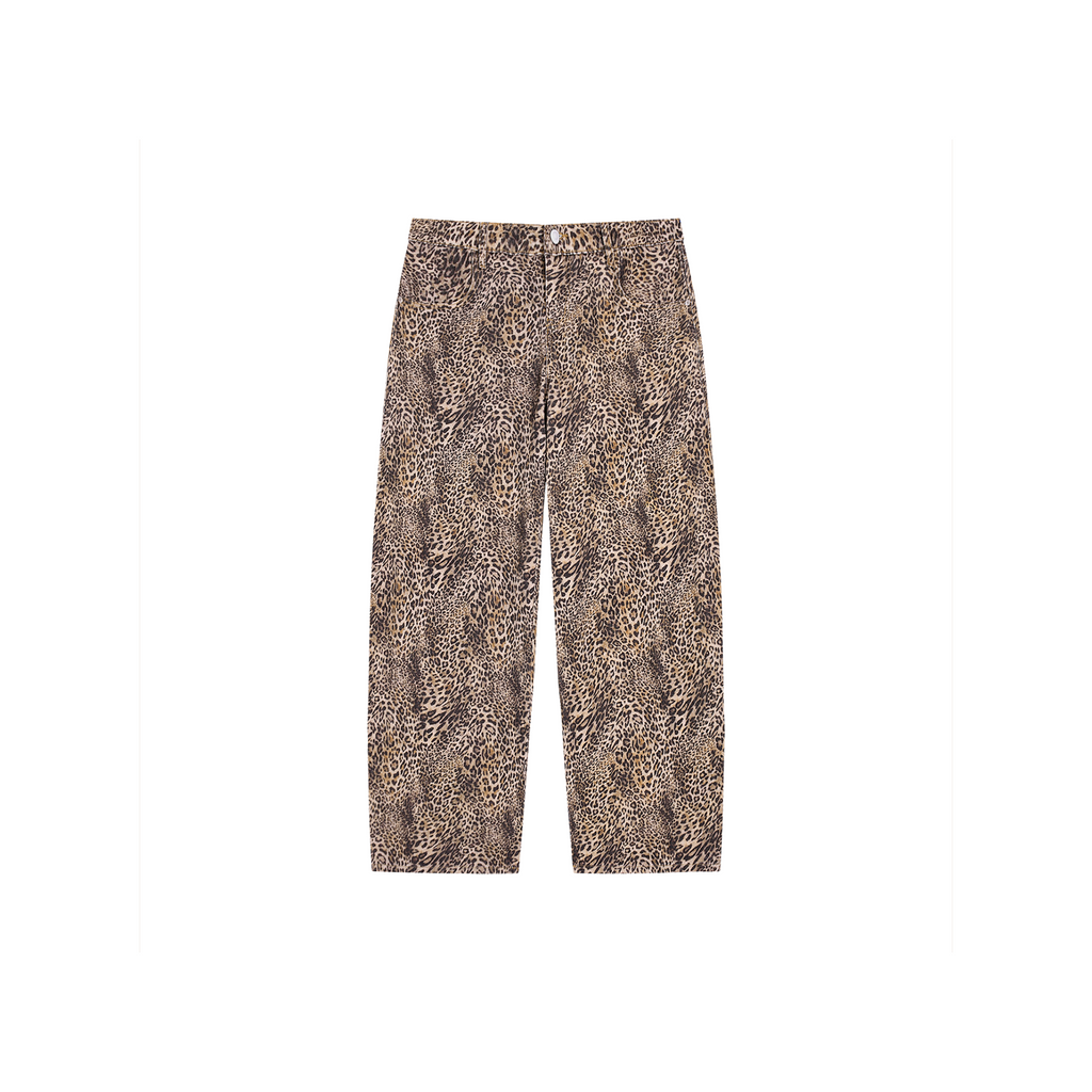 Unisex Vintage Wash Leopard Wide Leg Jeans