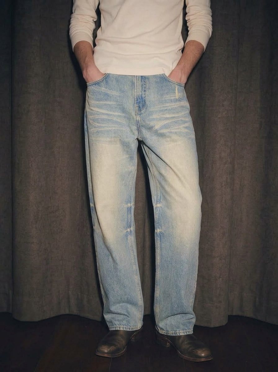 Sun Fade Raw Hem Denim Jeans