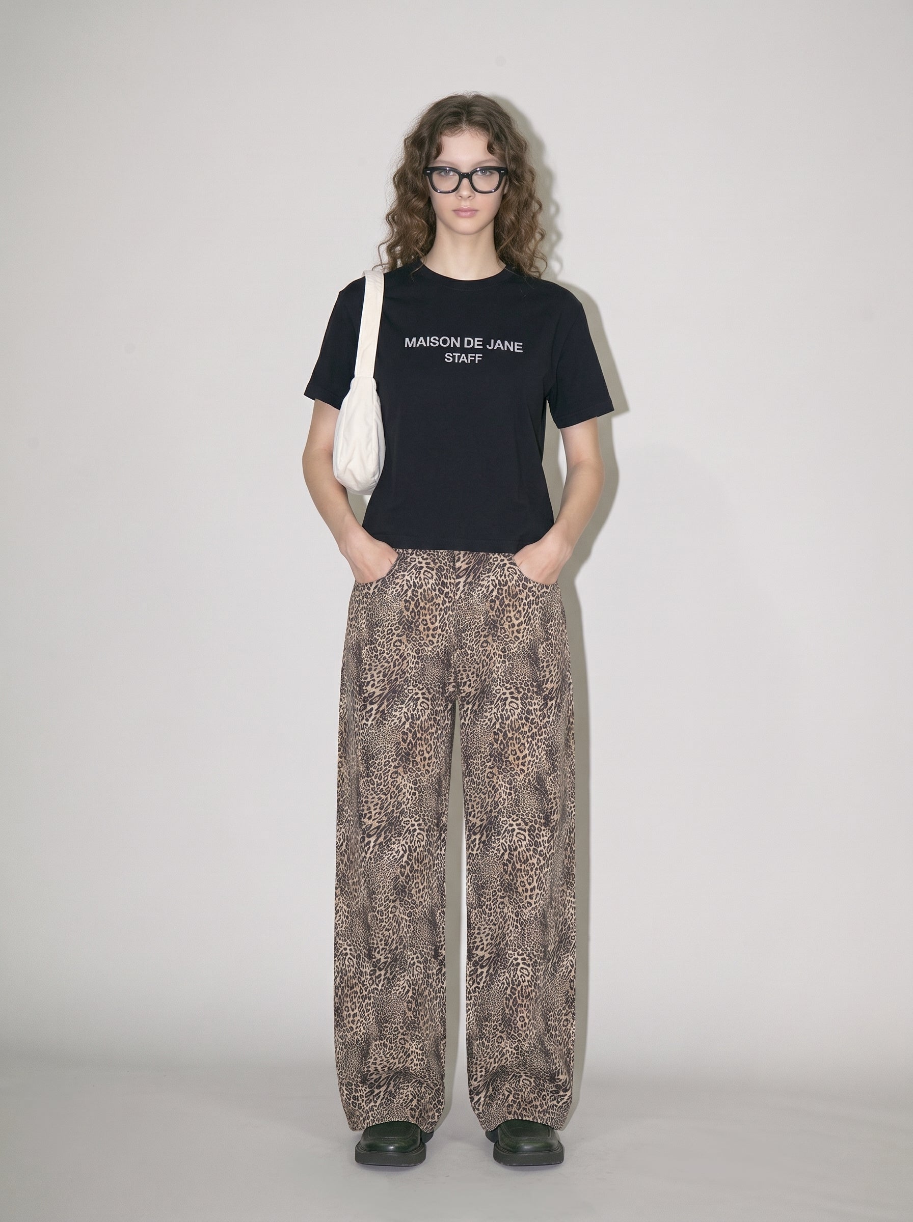 Unisex Vintage Wash Leopard Wide Leg Jeans