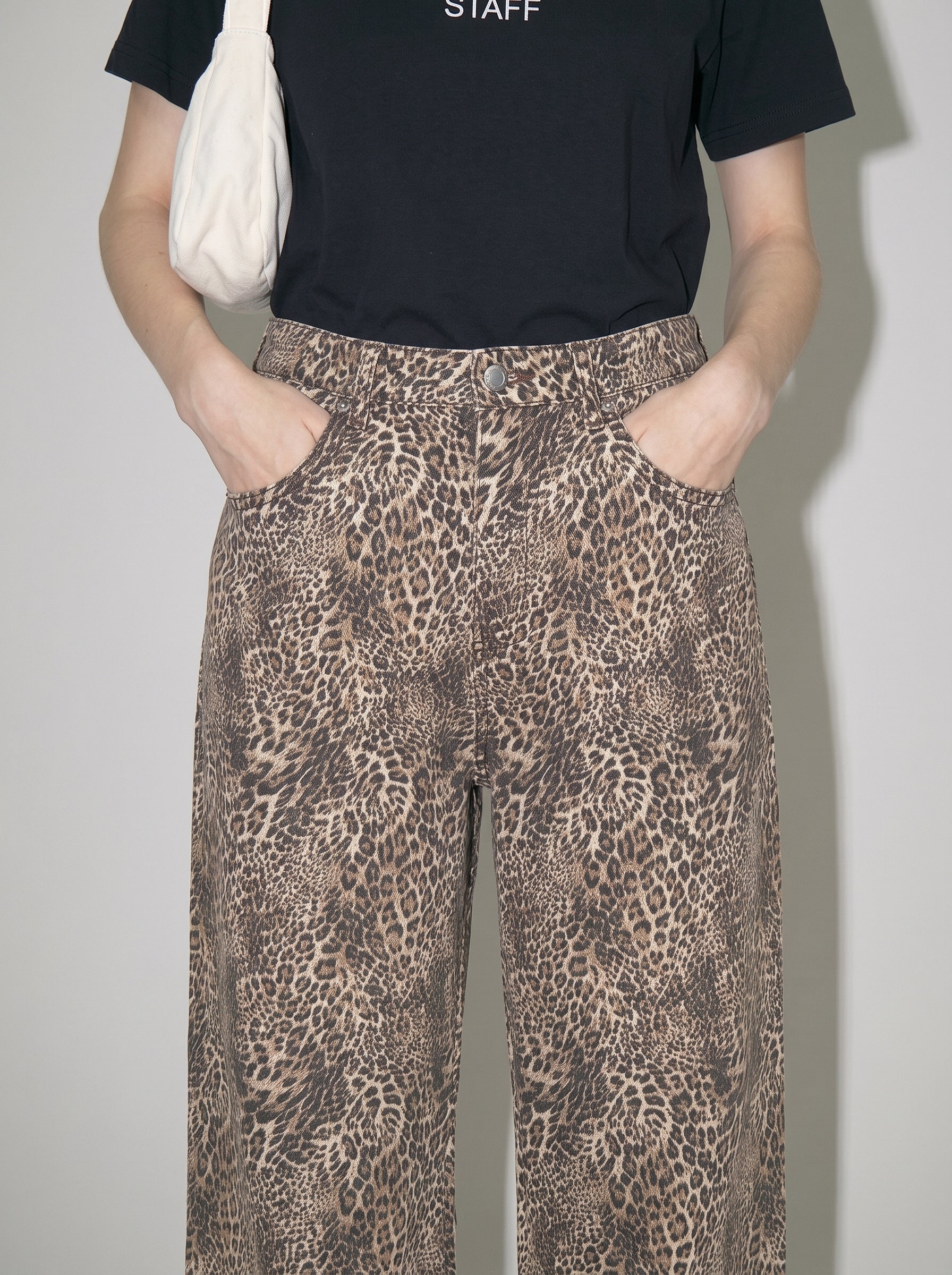 Unisex Vintage Wash Leopard Wide Leg Jeans